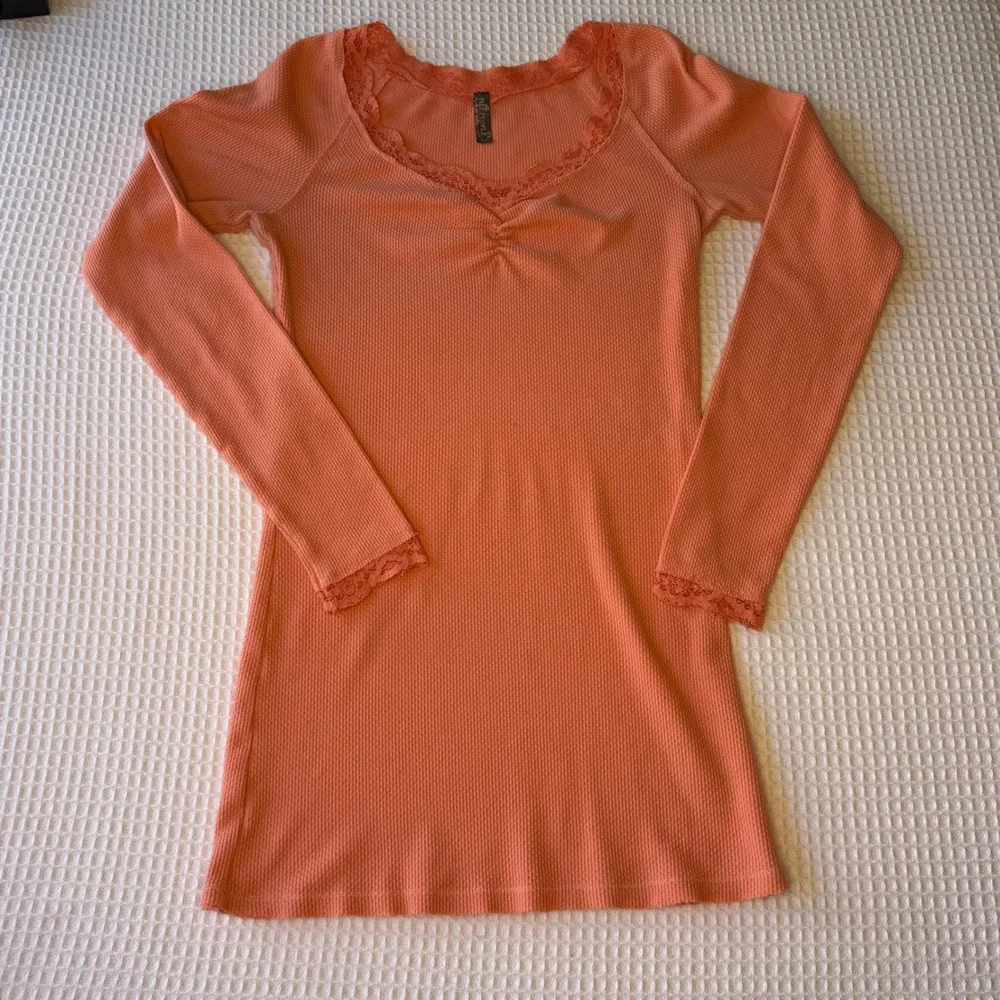 Free People Coral Orange Waffle Knit Lace Trim Thermal Top Sweetheart Neck S